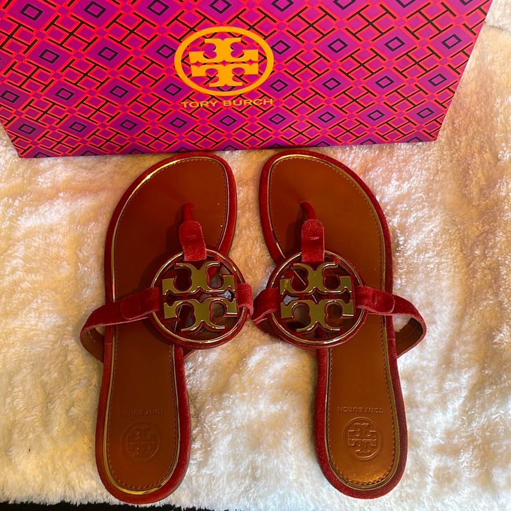 Red and gold suede, authentic Tory Burch, sandals size 6
